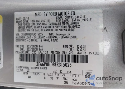 2014 Ford Fusion Se from USA, damaged, VIN 3FA6P0HD8ER315025